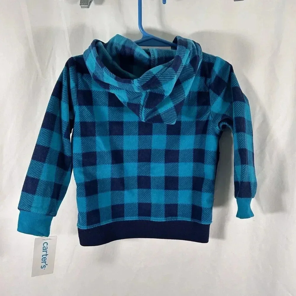 Carters Hoodie Baby Boys 24M Blue Plaid Fleece Dinosaur Embroidered New